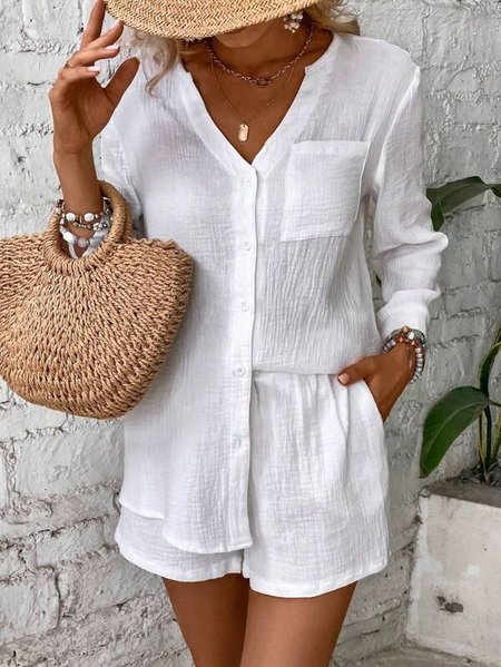 Casual Plain Loose Cotton Two-Piece Set, White, Suit Set
