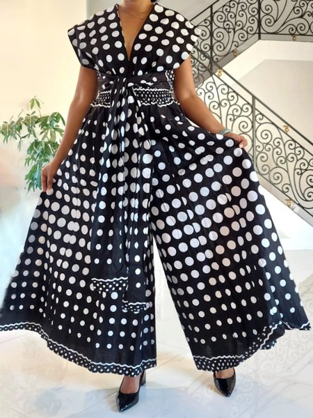

V Neck Polka Dots Vacation Jumpsuit With Belt, Black-white, Jumpsuits