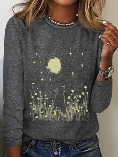 

Cat and Moon Funny Cotton-Blend Simple Regular Fit Cat Long Sleeve Shirt, Gray, Long sleeves