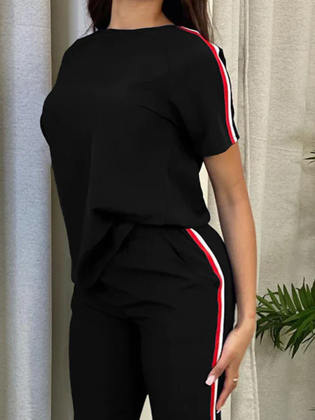

Loose High Elasticity Crew Neck Short Sleeve Casual Color Block T-Shirt, Black, Tees