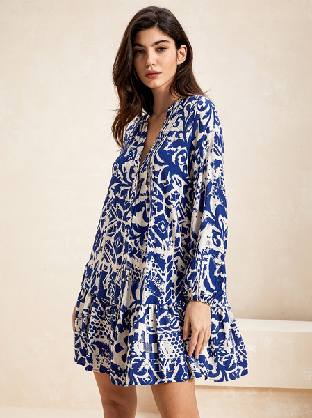 

Women Mini Dress Floral V Neck Long Sleeve Comfy Casual Boho Short Dress, Blue, Dresses