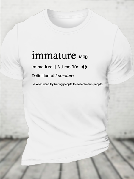 

Cotton Immature Dictionary Definition Text Letters Casual T-Shirt, White, T-shirts