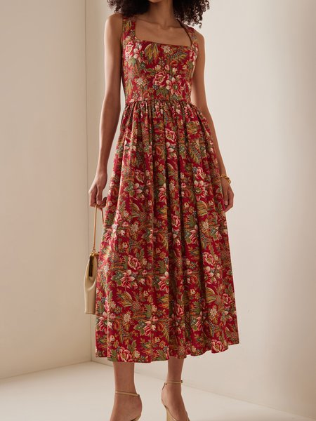 

Women Floral Spaghetti Gallus Comfy Casual Midi Dress, Red, Maxi