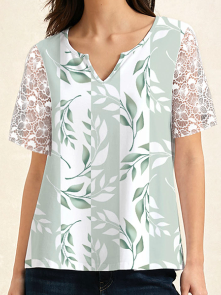 

Women's Blouse Cotton Notched Short Sleeve Leaves Print Lace Loose Shirt, Green, Blouses