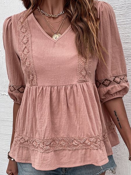 

V Neck Short Sleeve Plain Lace Regular Loose Shirt For Women, Pink, Blouses