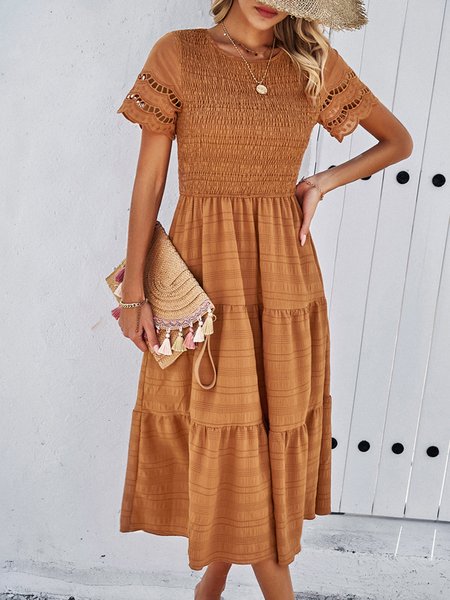 

Women Plain Crew Neck Short Sleeve Comfy Casual Midi Dress, Brown, Dresses