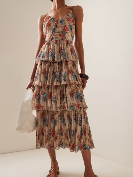 

Women Floral Spaghetti Gallus Comfy Casual Midi Dress, Apricot, Maxi