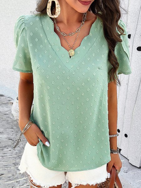 

V Neck Short Sleeve Plain Regular Loose Shirt For Women, Green, Blouses