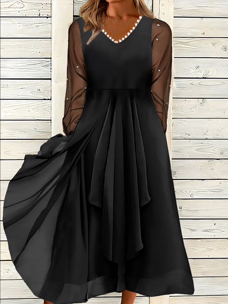 

Women Plain V Neck Long Sleeve Comfy Casual Lace Maxi Dress, Black, Dresses