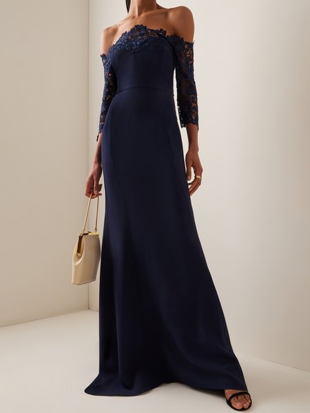 

Women Plain Cold Shoulder Three Quarter Sleeve Comfy Casual Lace Maxi Dress, Blue, Dresses