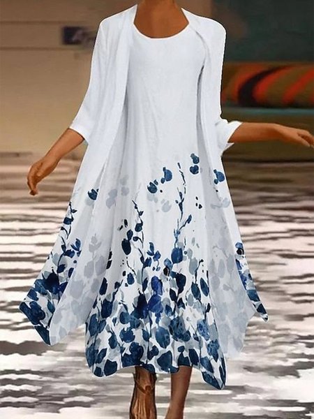 

Floral Elegant Crew Neck Loose Two-Piece Set, White, Suit Set