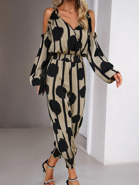 

Loose Vacation V Neck Long Sleeve Jumpsuit, As picture, Jumpsuits