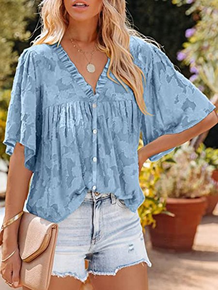 

V Neck Short Sleeve Plain Regular Loose Shirt For Women, Blue, Blouses