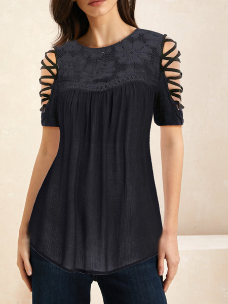 

Women's Casual Plain Crew Neck Short Sleeve Lace T-shirt, Black, T-shirts