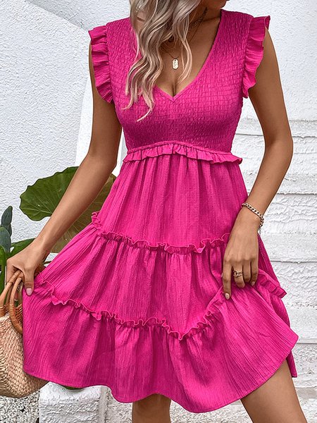 

Women Plain V Neck Sleeveless Comfy Casual Short Dress, Rose red, Dresses