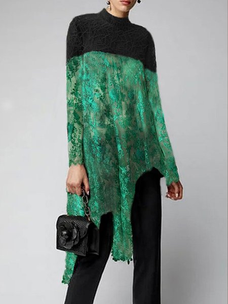 Elegant Stand Collar Color Block Long Sleeve Lace Shirt, As picture, Blouses and Shirts