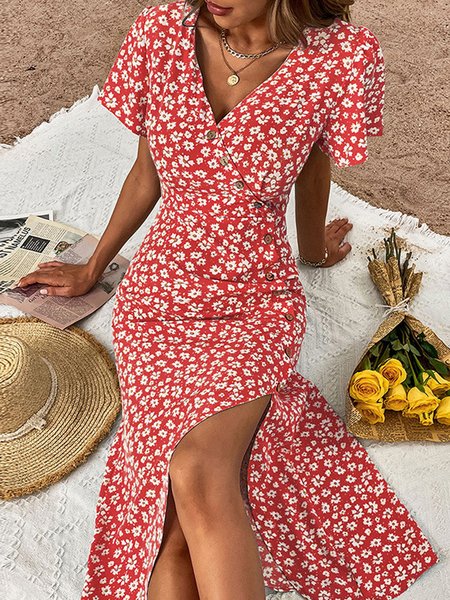 

Women Small Floral V Neck Short Sleeve Comfy Casual Midi Dress, Red, Dresses