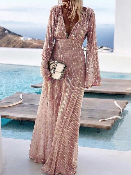 

Women Plain Crew Neck Long Sleeve Comfy Casual Glitter Maxi Dress, As picture, Dresses