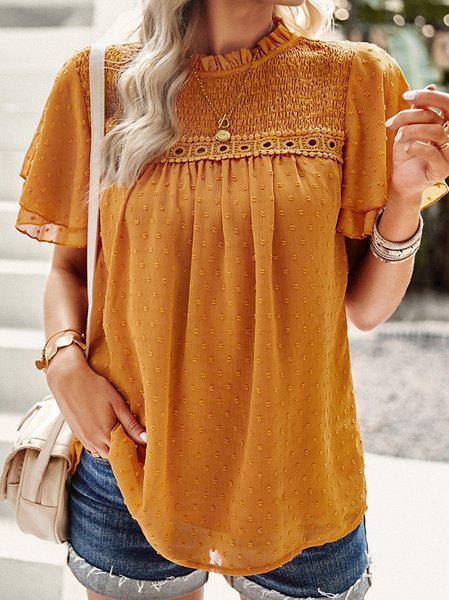 

Stand Collar Short Sleeve Plain Lace Regular Loose Shirt For Women, Yellow, Blouses