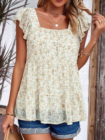 

Square Neck Short Sleeve Small Floral Regular Loose Shirt For Women, Apricot, Blouses