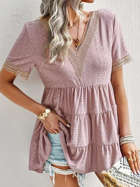 

V Neck Short Sleeve Plain Lace Regular Micro-Elasticity Loose Shirt For Women, Dusty pink, Blouses
