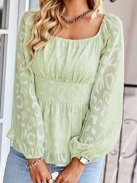 

Square Neck Long Sleeve Plain Regular Loose Shirt For Women, Aqua, Blouses