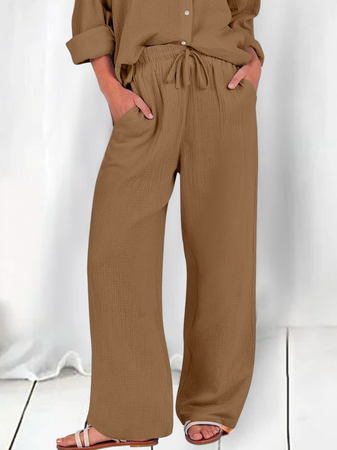 

Loose Cotton Plain Simple Linen Style Pants, Khaki, Pants