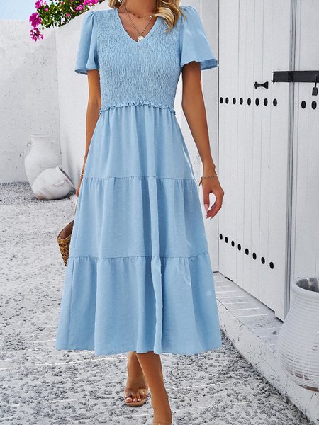 

Women Plain V Neck Short Sleeve Comfy Casual Midi Dress, Sky blue, Dresses