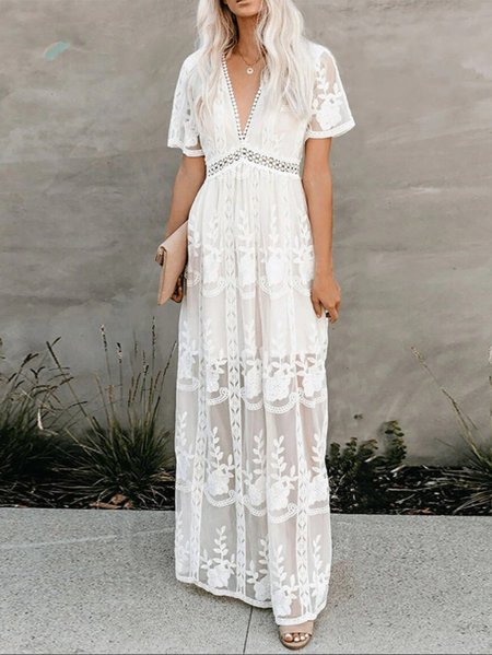 

Women Plain V Neck Short Sleeve Comfy Casual Maxi Dress, White, Dresses