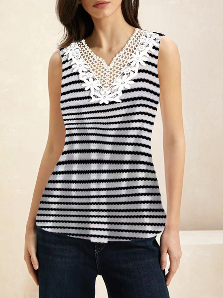 

Women's Casual Lace Collar Striped Tank Top, Black-white, Tanks & Camis