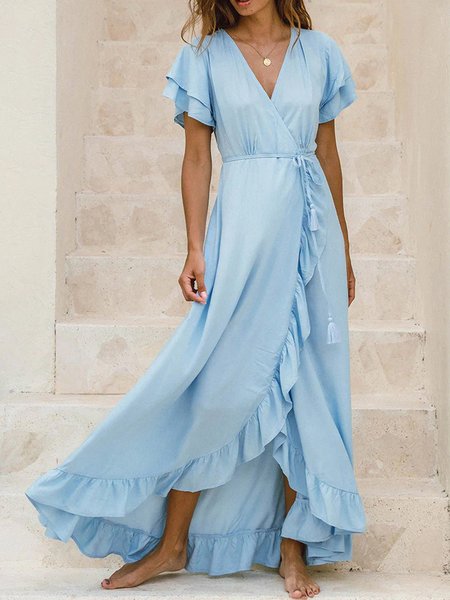 

Women wedding guest dress Plain V Neck Short Sleeve Comfy Casual Maxi Dress, Blue, Dresses