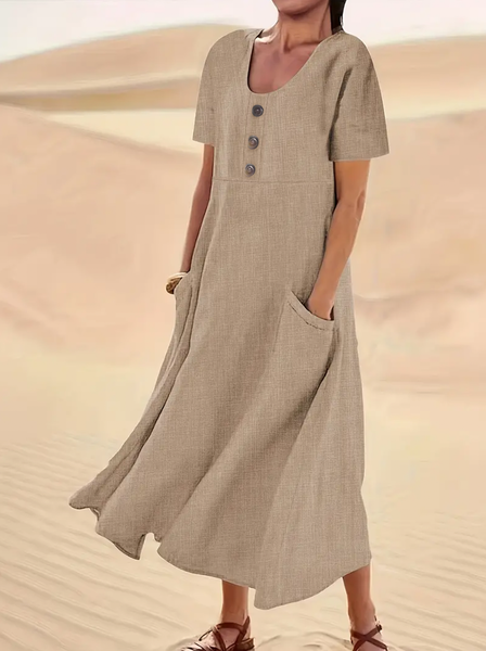 

Casual Crew Neck Linen Style Dress, Khaki, Maxi Dresses