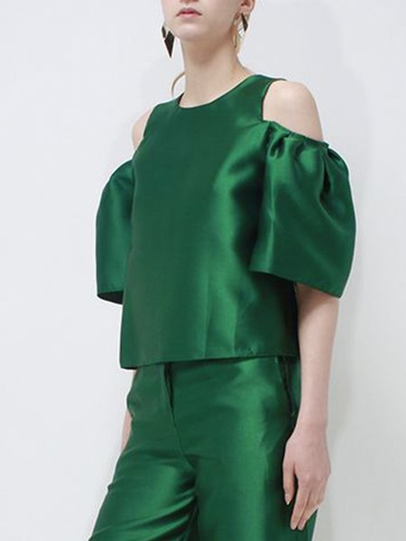

Crew Neck Regular Fit Satin Urban Shirt, Green, Blouses and Shirts