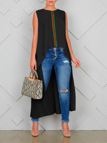 Color Block Loose Urban Crew Neck Shirt, Black, Blouses and Shirts