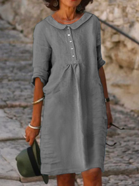 

Casual Shawl Collar Linen Style Dress, Gray, Mini Dresses
