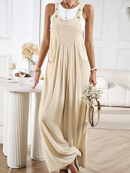 

Women Gallus Spaghetti Loose Long Daily Casual Plain Jumpsuits, Apricot, Jumpsuits&Rompers