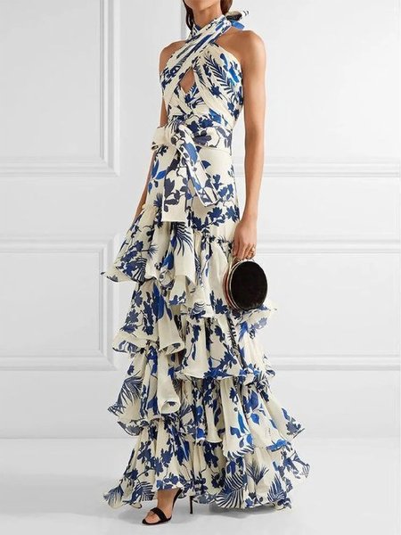 

Women Floral Halter Short Sleeve Comfy Casual Maxi Dress, Blue, Dresses