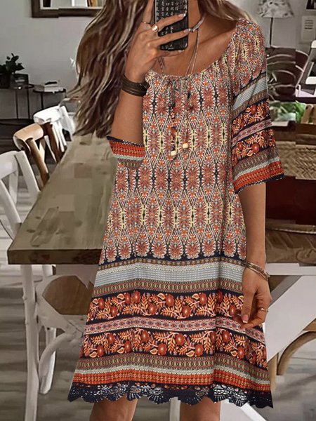 

Women Ethnic Crew Neck Half Sleeve Comfy Casual Lace Short Dress, Orange red, Dresses
