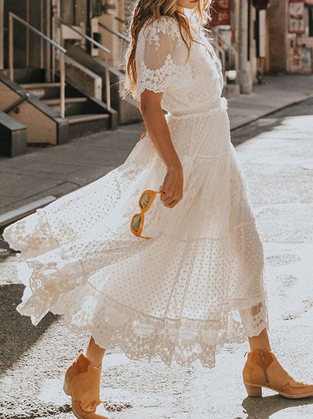 

Women wedding guest dress Plain V Neck Short Sleeve Comfy Casual Mesh Maxi Dress, White, Dresses