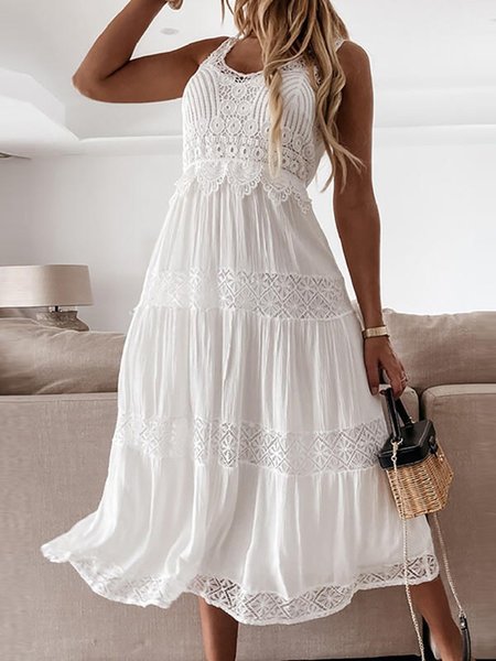 

Women Plain Crew Neck Sleeveless Comfy Casual Lace Midi Dress, White, Dresses
