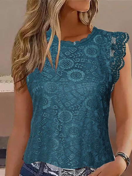 

Casual Crew Neck Plain Tank Top Lace, Blue, Tanks & Camis