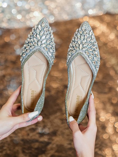 

Sparkling Rhinestone Glitter Party Flat Heel Shallow Shoes, Golden, Flats