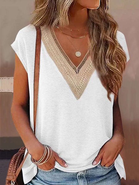 

V Neck Cotton-Blend Casual T-Shirt, White, T-Shirts