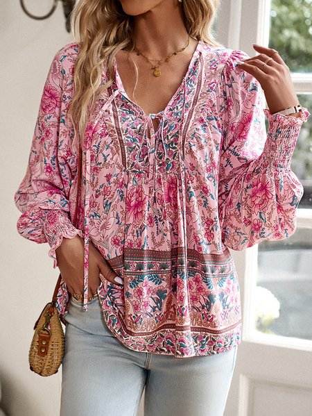 

Women's Long Sleeve Blouse Spring/Fall Ethnic V Neck Daily Going Out Boho Top Green, Pink, Blouses