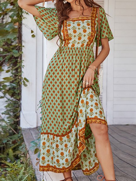

Women Floral Square Neck Short Sleeve Comfy Casual Maxi Dress, Green, Dresses