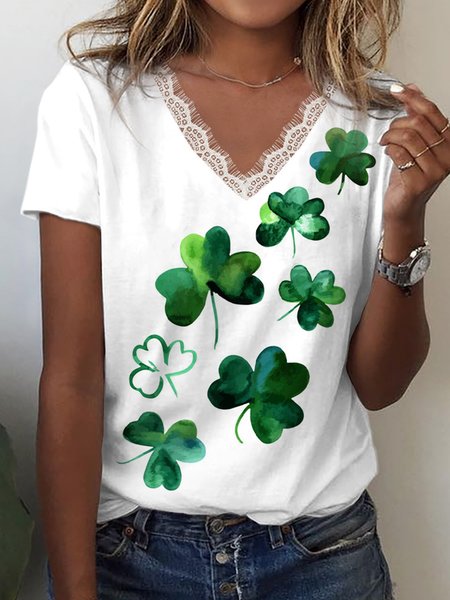 

Women's Four-leaf Clover Short Sleeve Tee T-shirt V Neck Lace Casual Summer Top, White, T-Shirts