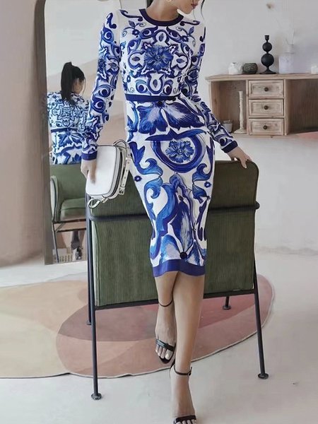 

Long Sleeve Crew Neck Floral Urban Dress, Blue, Midi Dresses