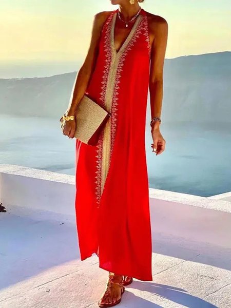 

Women Color Block V Neck Long Sleeve Comfy Casual Maxi Dress, Red, Dresses