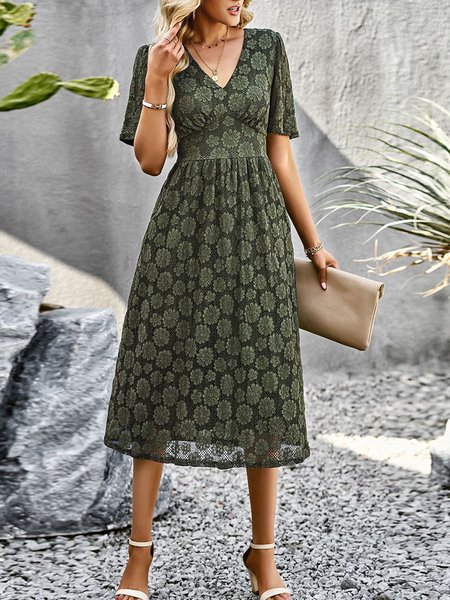 

Women Plain V Neck Short Sleeve Comfy Casual Lace Midi Dress, Army green, Dresses