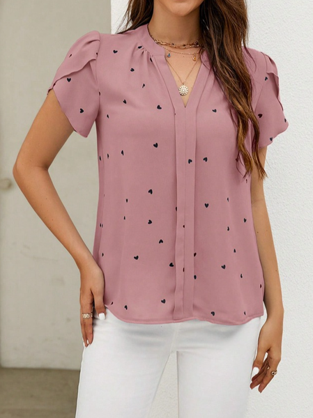 

Frenchy Heart Print Petal Sleeve V Neck Blouse, Pink, Shirts & Blouses